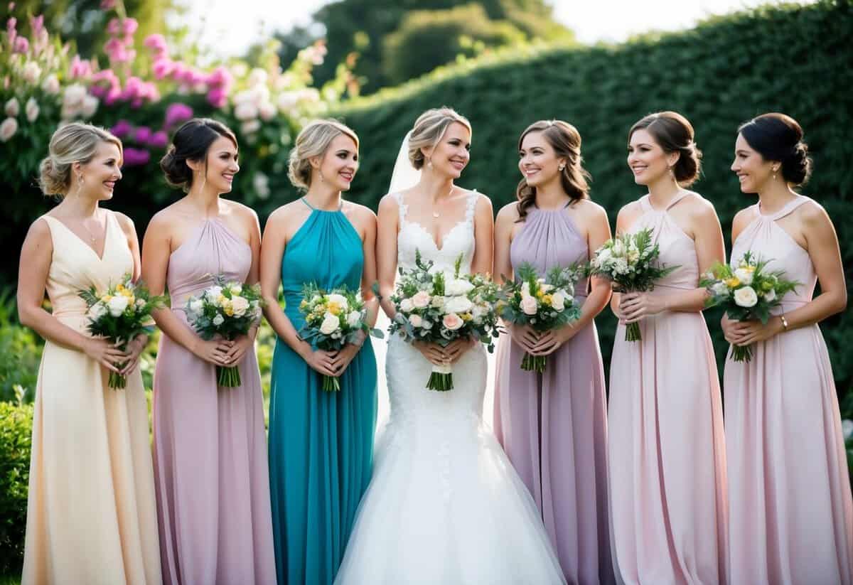 Seven bridesmaids in mismatched dresses pose in a garden, holding bouquets. They stand in a line, smiling and chatting, with a picturesque backdrop of flowers and greenery