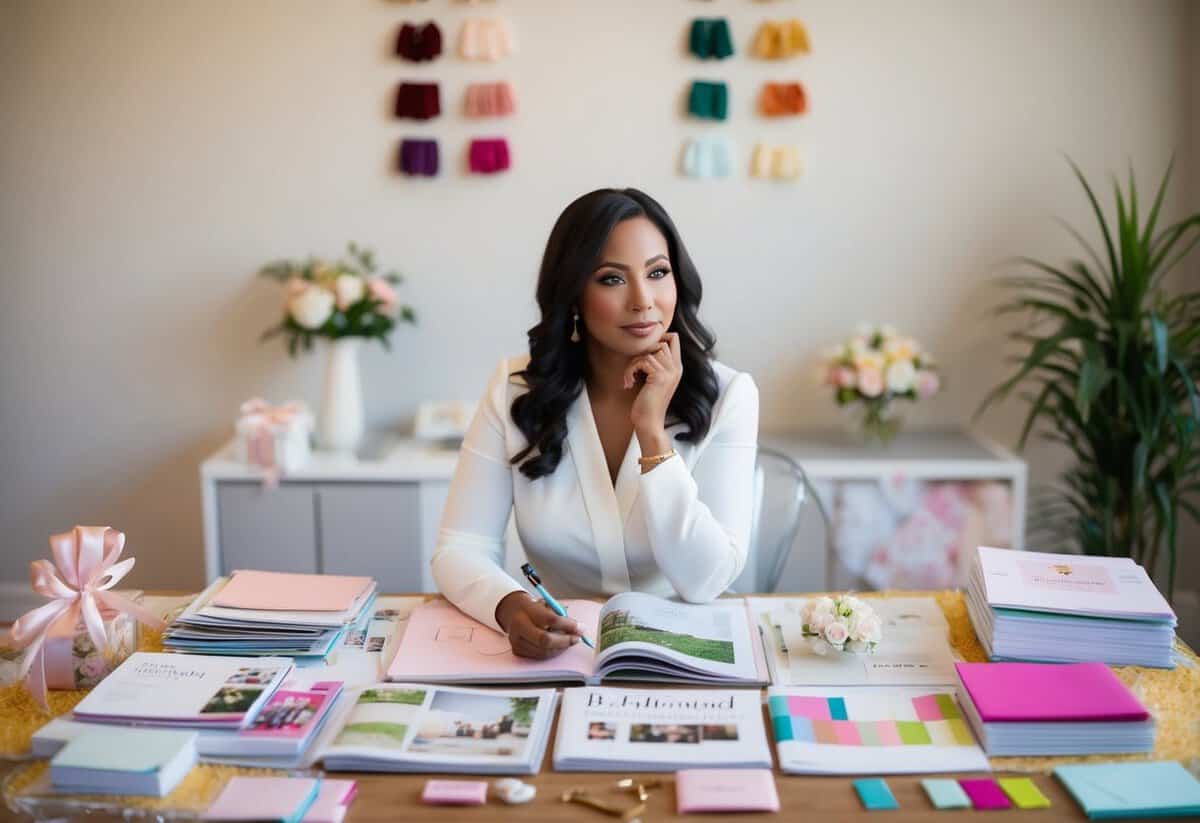 A woman sits at a desk covered in wedding magazines and stationary, surrounded by colorful swatches and ribbons. She holds a pen and looks contemplative as she considers her bridesmaid proposal plans