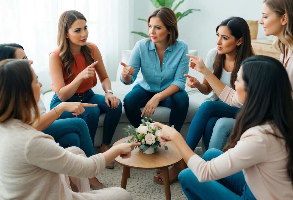 A group of friends sitting in a circle, discussing and debating over who should not host a bridal shower. Some are pointing and gesturing to make their points