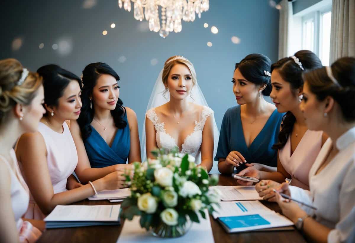 A group of bridesmaids gather around a table with a bride-to-be, discussing finances and looking concerned