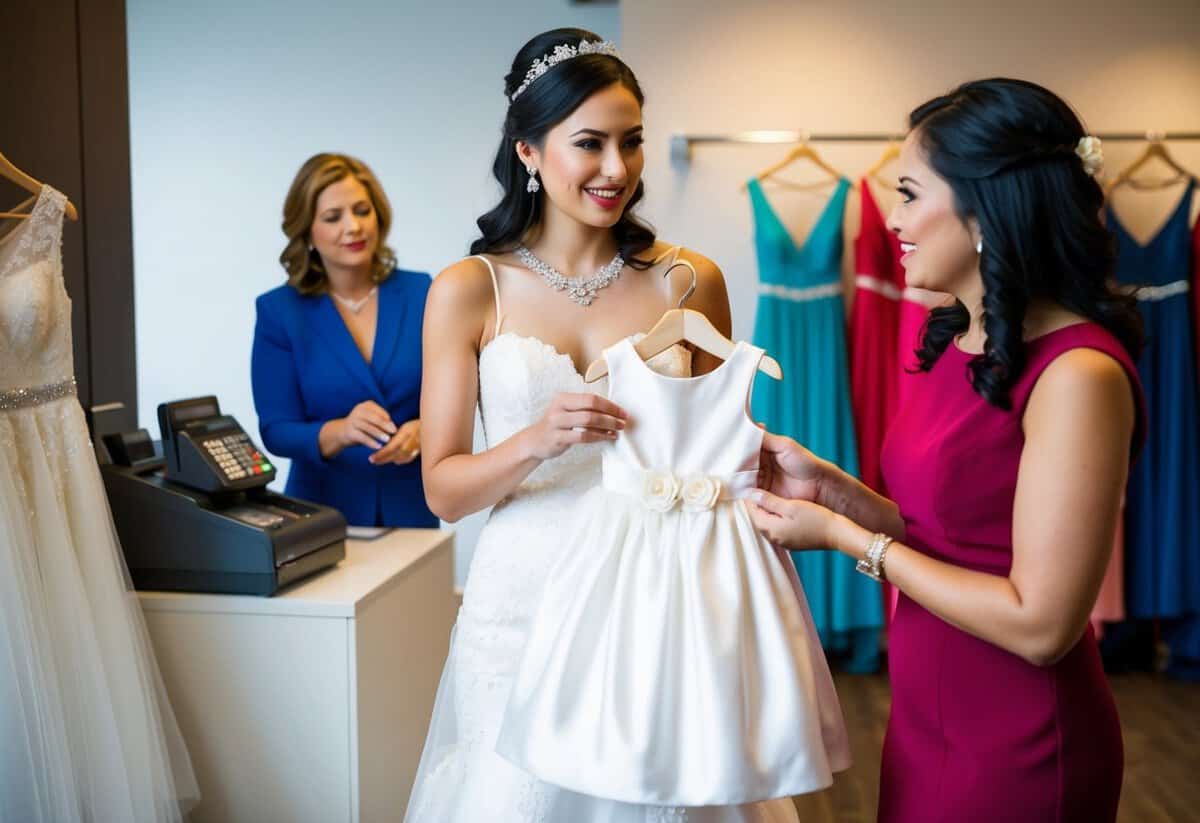 A bride holding a flower girl dress while discussing with a woman. A cash register and various dresses are visible in the background