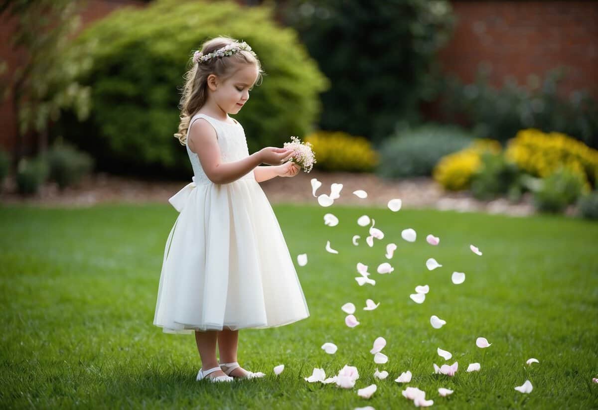 A flower girl stands in a garden, scattering petals in the same color as the bride's gown