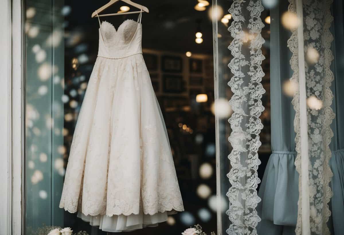 A dusty wedding dress hangs in a vintage shop window, surrounded by delicate lace and faded memories