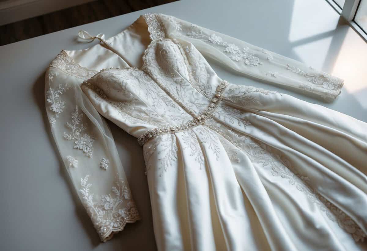 A vintage wedding dress laid out on a clean, well-lit surface, with delicate lace and intricate beading