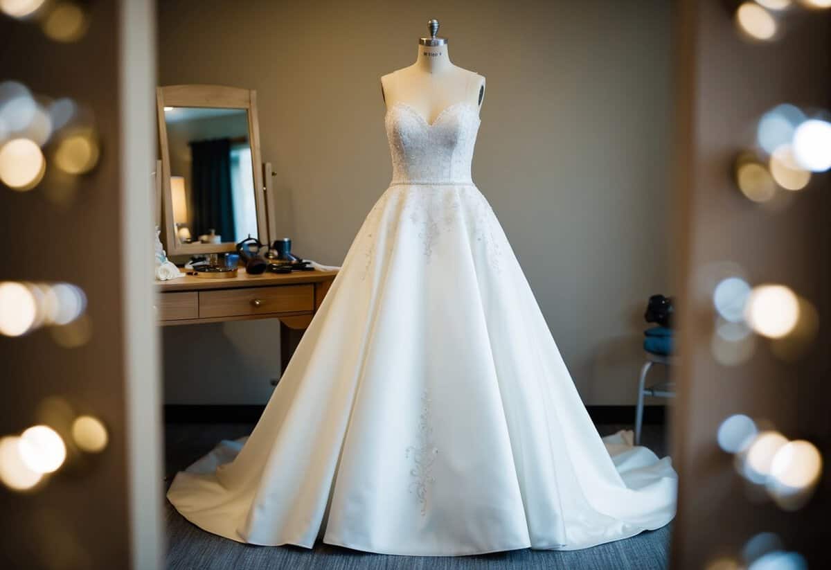 A bride's dress fitting: a bridal gown on a dress form, surrounded by a seamstress's tools and a mirror for final adjustments