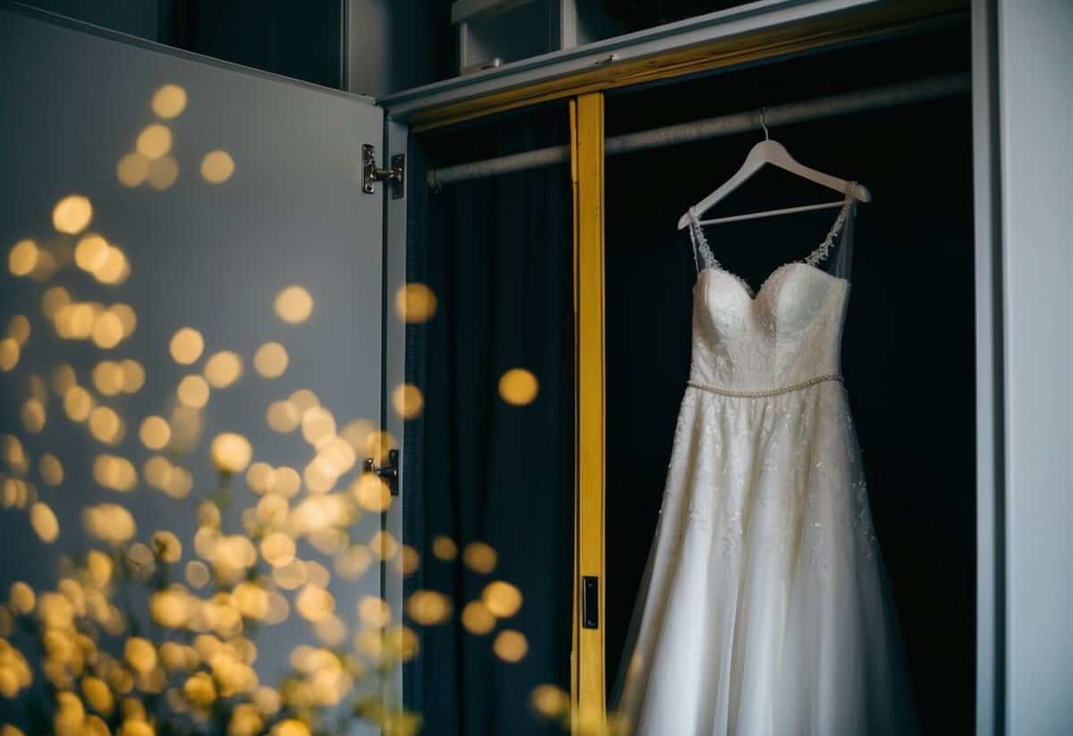 A wedding dress hanging in a dark, dusty closet, slowly turning yellow over the course of several years