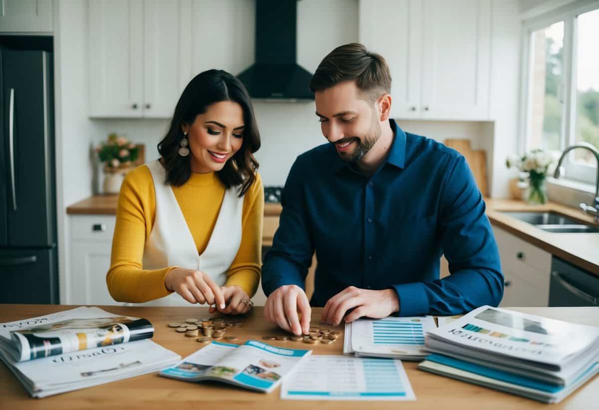 A couple counting coins at a kitchen table, surrounded by wedding magazines and budgeting spreadsheets