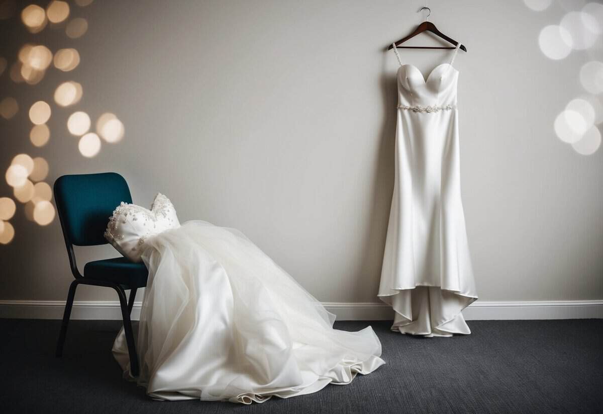 A bride's discarded wedding gown lies crumpled on a chair, while a sleek evening reception dress hangs elegantly from a hanger