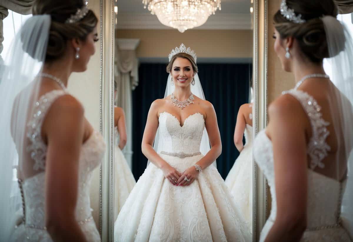 A bride stands in front of a full-length mirror, adorned in a luxurious wedding gown, with a sparkling tiara and elegant jewelry adding the final touches to her expensive look