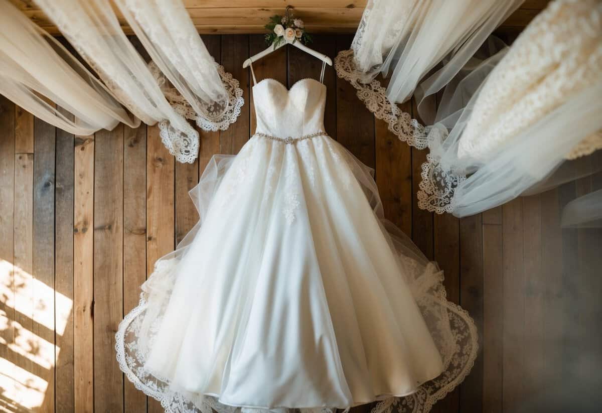A wedding dress hangs on a vintage mannequin, surrounded by lace and tulle fabric, in a sunlit room with a rustic wooden floor
