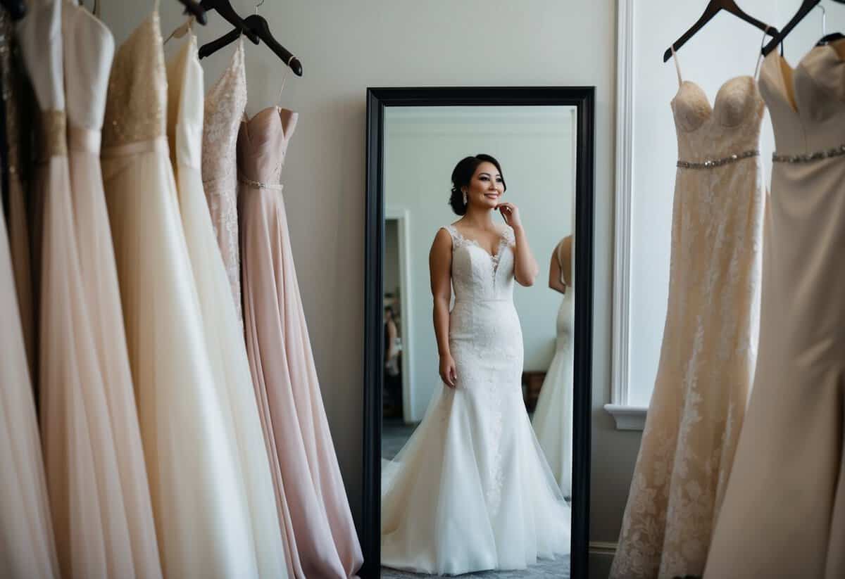 A woman surrounded by elegant wedding dresses, trying on a gown in front of a full-length mirror with a thoughtful expression