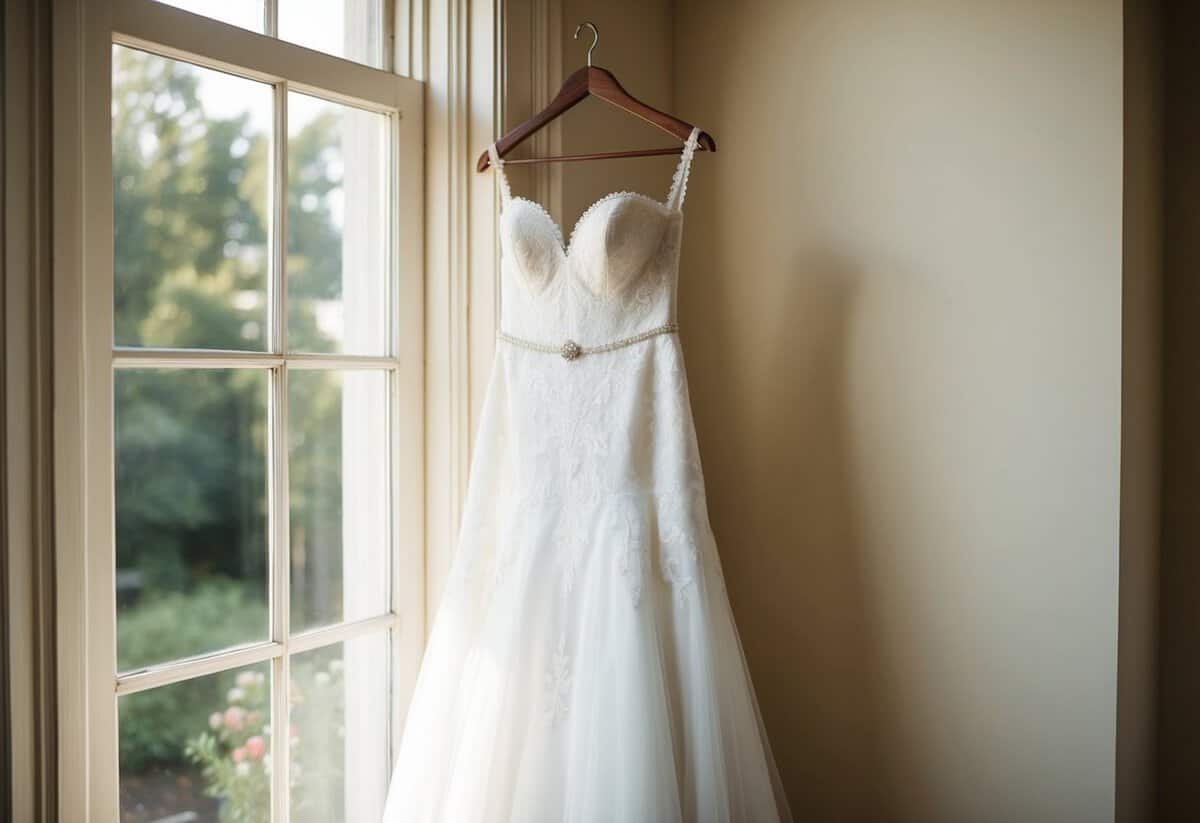 A wedding dress hanging on a vintage wooden hanger, bathed in soft natural light from a nearby window