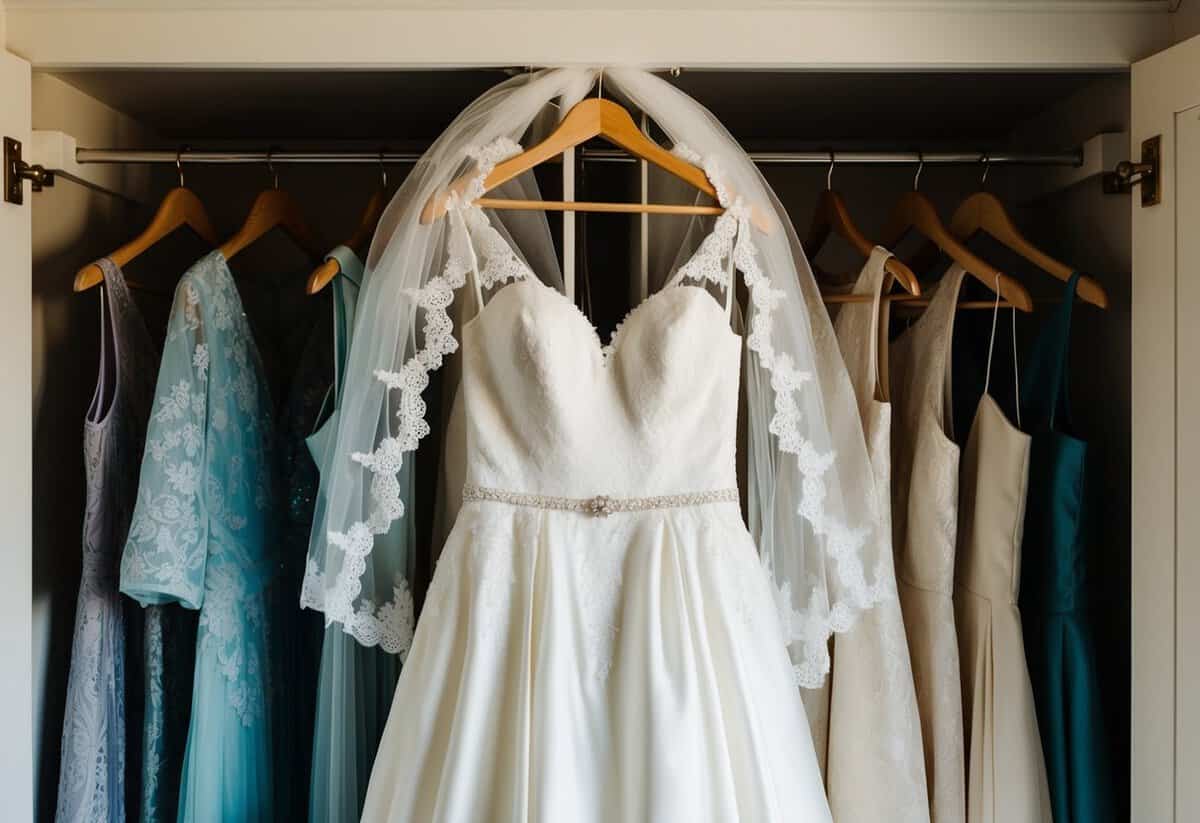 A wedding dress hanging in a sunlit closet, surrounded by other garments. A vintage veil and delicate lace details add to its timeless appeal