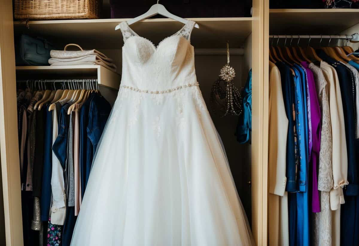 A wedding dress hanging in a closet, untouched for years, surrounded by other clothing and accessories