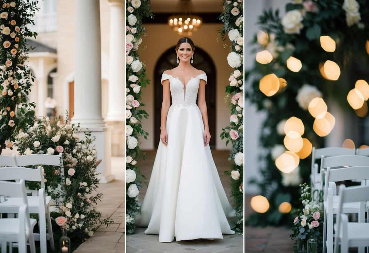 A woman in an elegant dress stands between two different wedding venues, surrounded by flowers and decorations