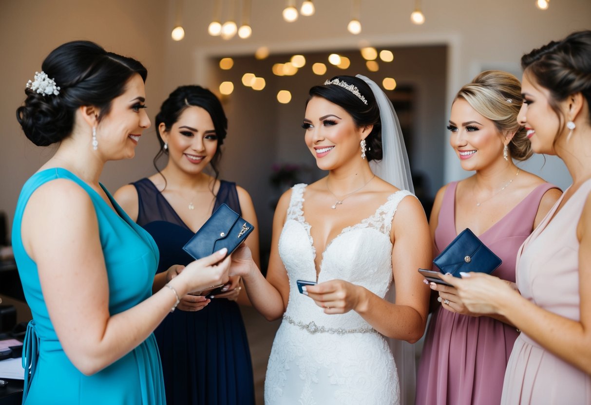 A bride presents makeup options to her bridesmaids, who are holding their wallets and discussing payment