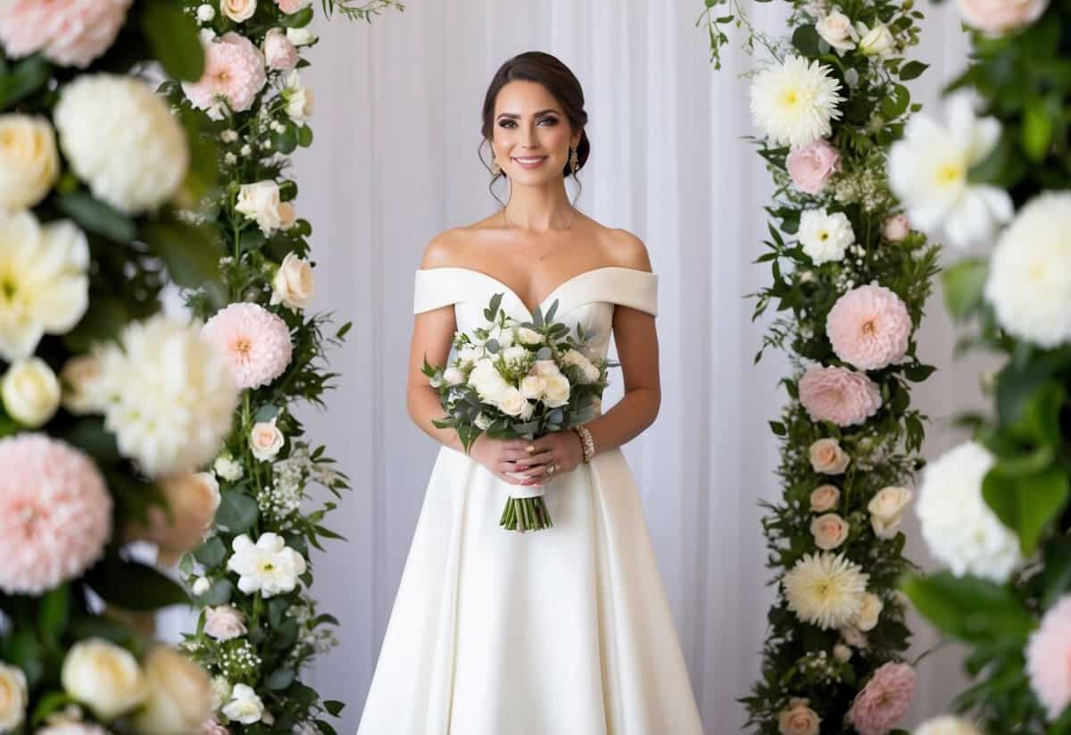 A woman in elegant attire stands among flowers and wedding decor, holding a bouquet. She wears a stylish dress suitable for a wedding celebration