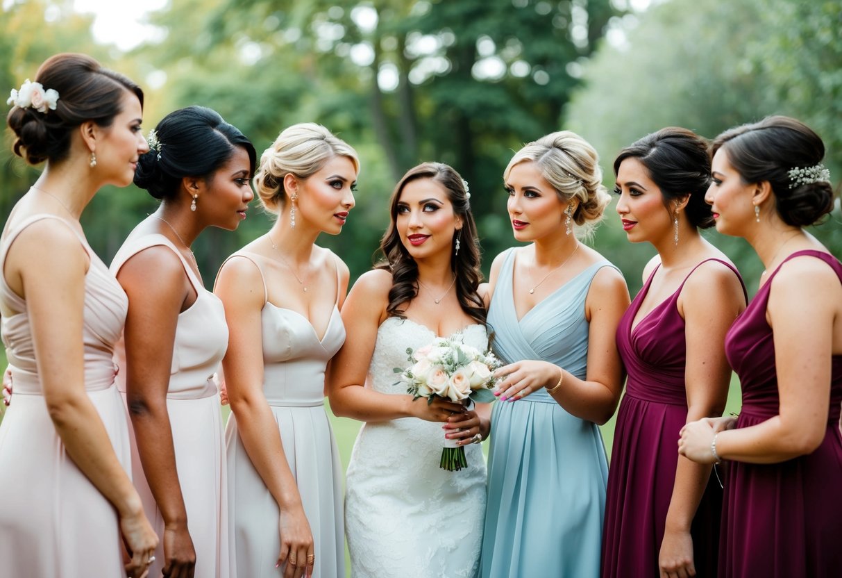 A group of bridesmaids in various attire, some wearing makeup, others not. They stand together, discussing their looks for the wedding