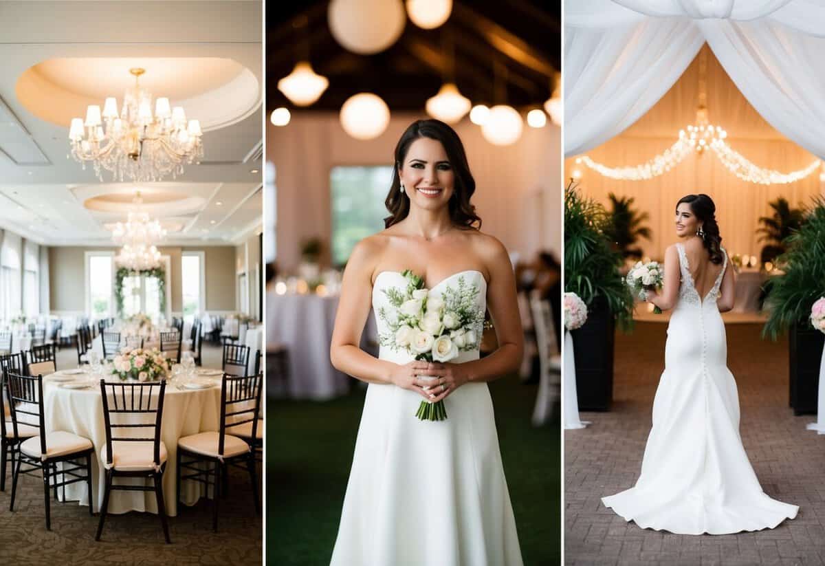 A woman holding a dress, surrounded by two different wedding venues with different decor and settings