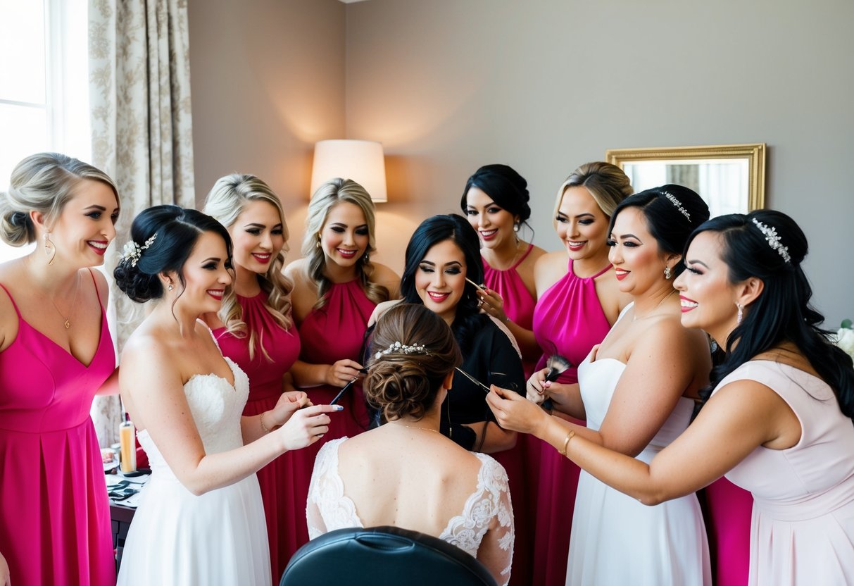 A group of bridesmaids gathering around a makeup artist, each getting their makeup done for the wedding
