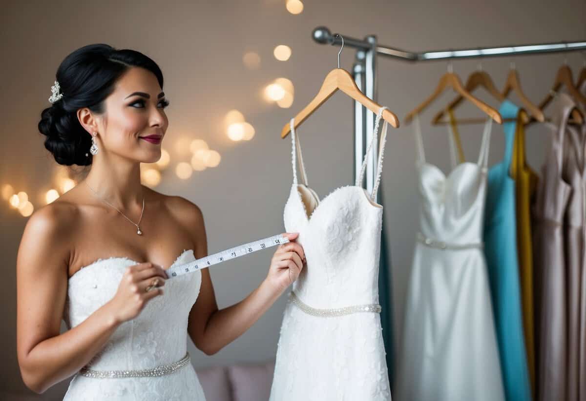 A bride-to-be holding a wedding dress, pondering between two sizes, with a measuring tape and a thoughtful expression