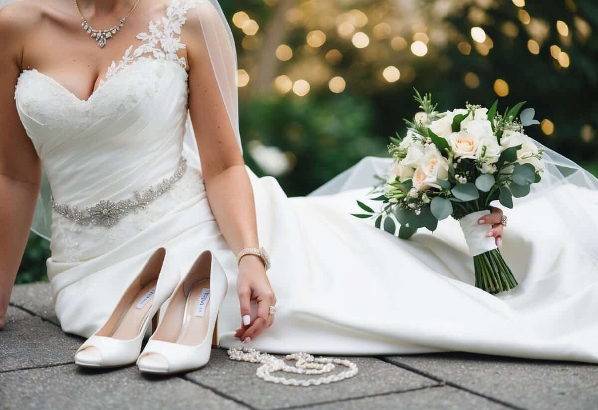 A bride's wardrobe: a white wedding gown, a veil, shoes, jewelry, and a bouquet