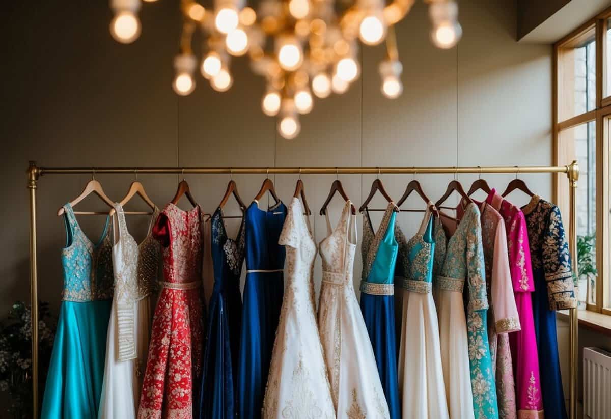 A bride's collection of traditional and personalized wedding outfits displayed on a clothing rack, with various styles and colors