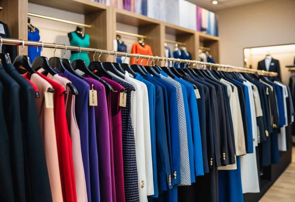 A colorful array of formal attire options displayed in a boutique setting, with price tags visible on the clothing items