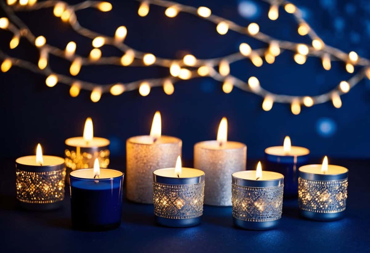A navy blue and silver color scheme with twinkling lights and glowing candles