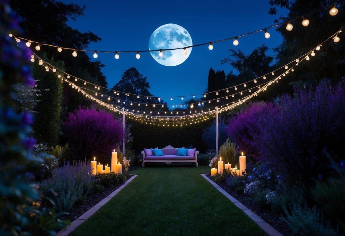 A moonlit garden with deep purples and blues, accented by twinkling string lights and flickering candles