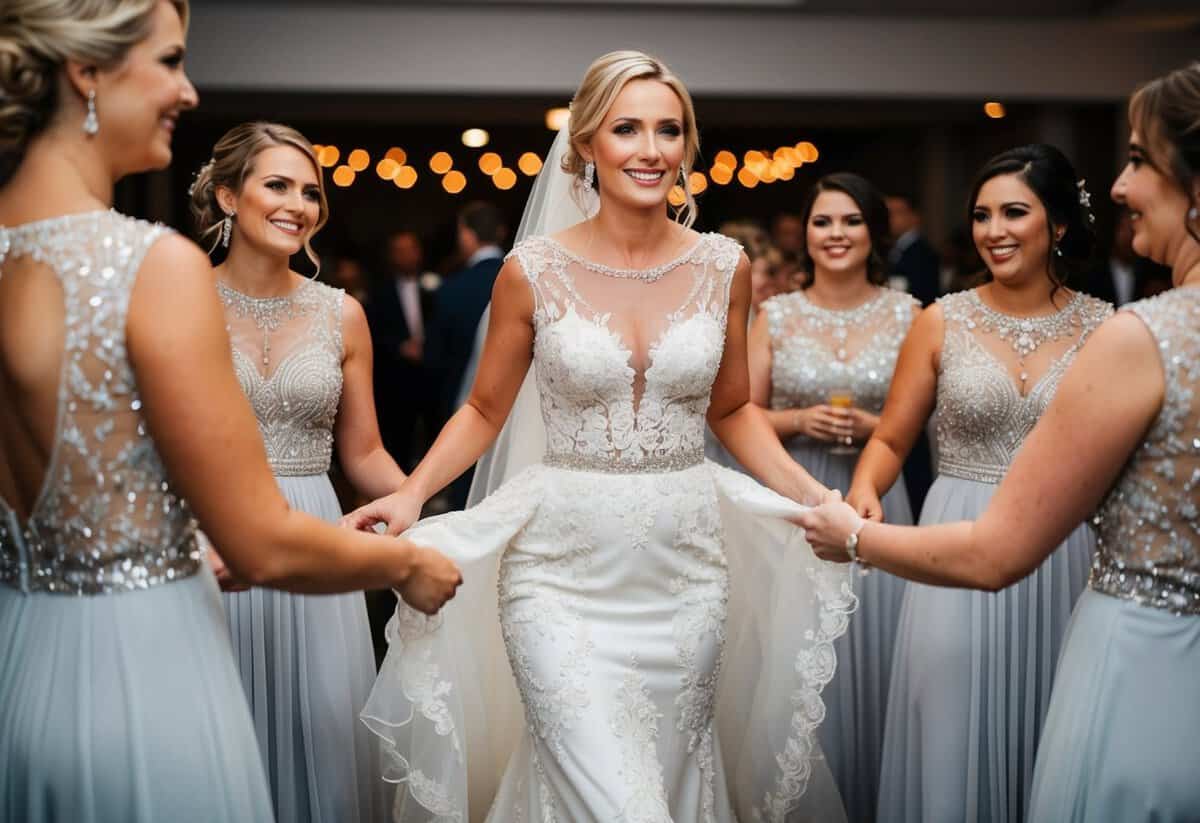 Brides change into a flowing, elegant reception dress, adorned with intricate lace and shimmering details, as they prepare to celebrate with their guests