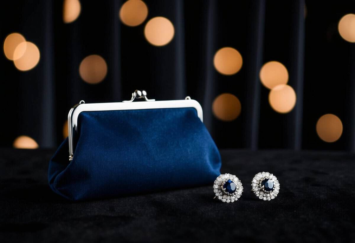 A dark blue clutch and silver earrings on a black velvet backdrop