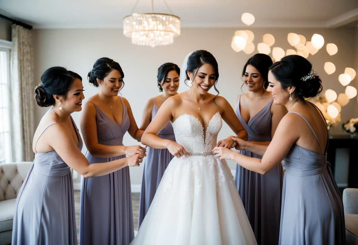 A bride changing from her wedding gown into a stylish reception dress, surrounded by her bridesmaids helping her with the transition