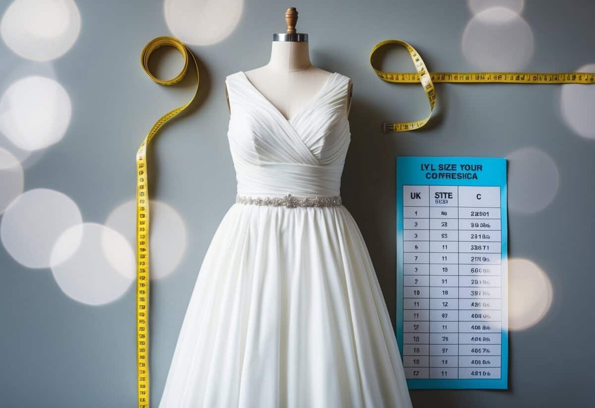A wedding dress on a mannequin, size 12, surrounded by measuring tape and a UK size conversion chart