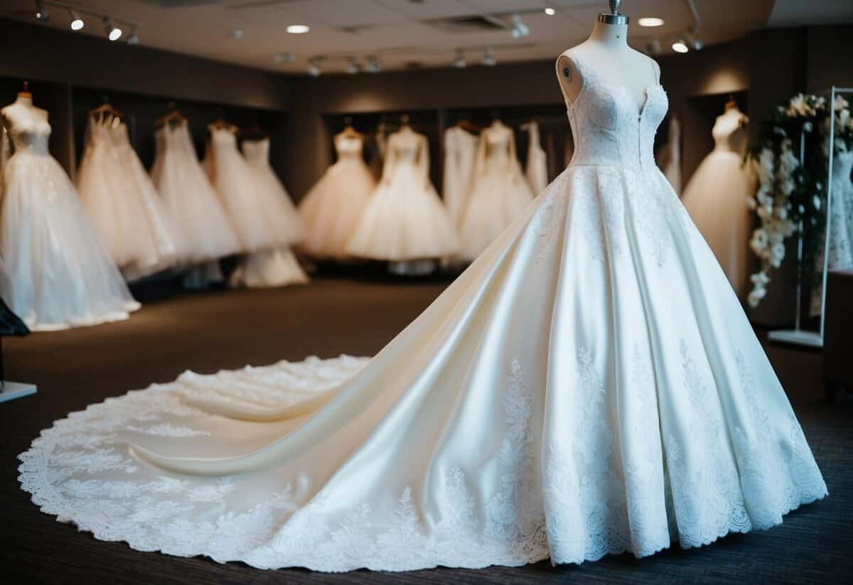 A size 12 wedding dress equivalent to UK is a scene of a mannequin wearing a white, elegant gown with intricate lace details and a flowing train, displayed in a bridal boutique