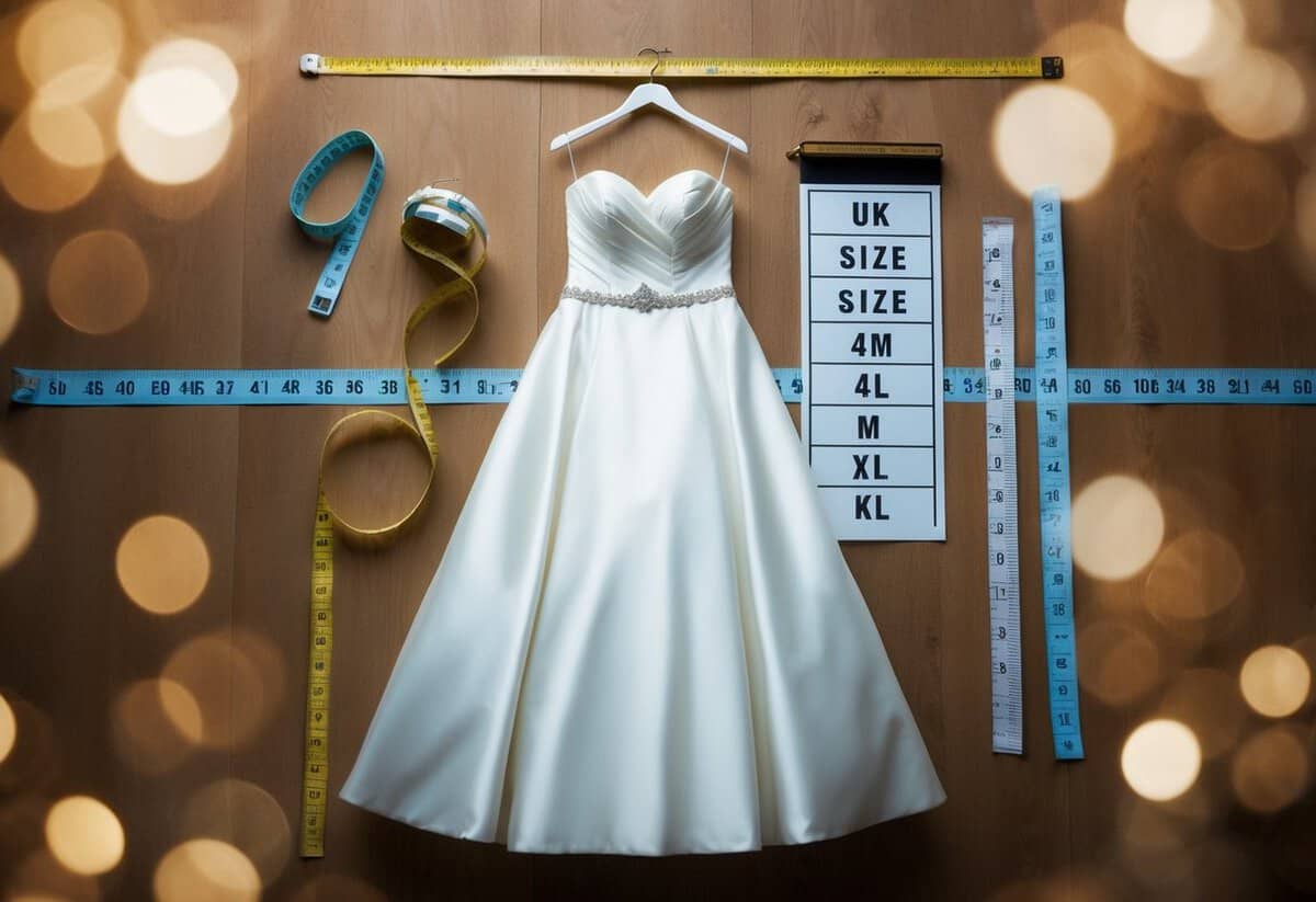A size 12 wedding dress hanging on a mannequin, surrounded by measuring tape and a size chart, with a UK size equivalent highlighted