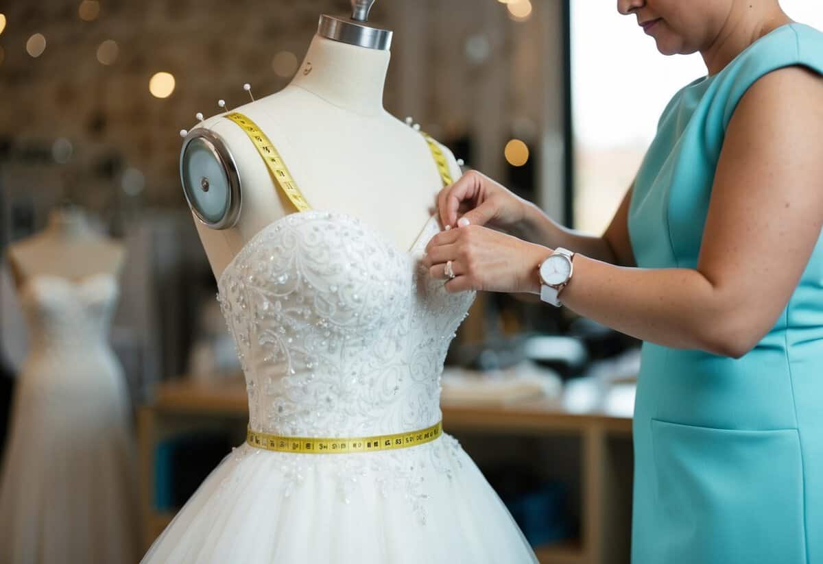 A seamstress adjusting a wedding dress on a mannequin, surrounded by pins and measuring tape
