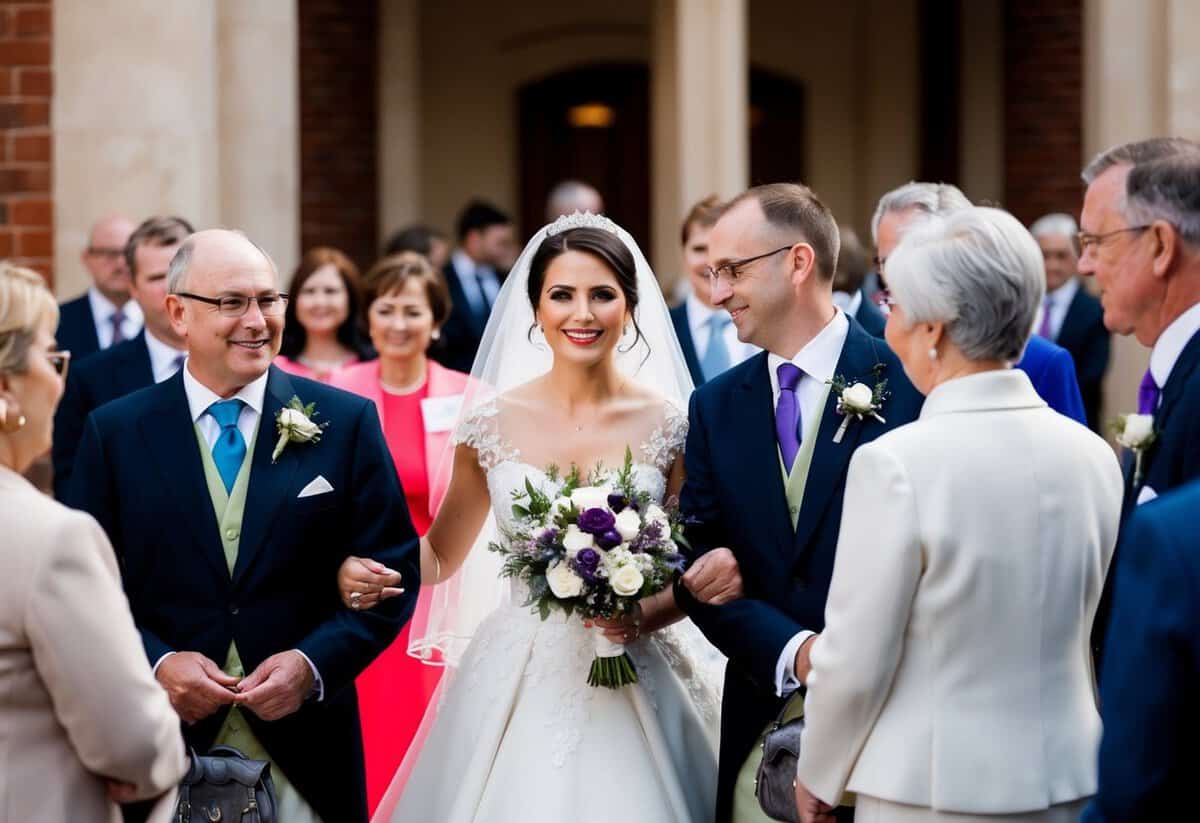 A bride wearing a colored wedding gown, surrounded by guests in formal attire