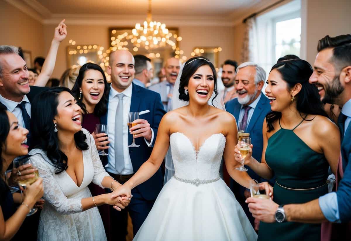 A bride wearing a white dress at her engagement party, surrounded by friends and family, with a joyful and celebratory atmosphere