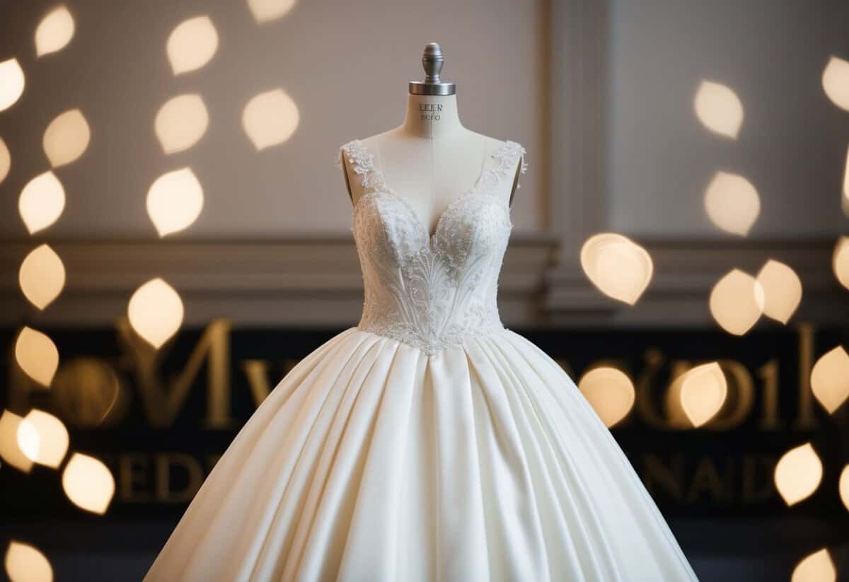 An elegant off-white wedding gown displayed on a mannequin
