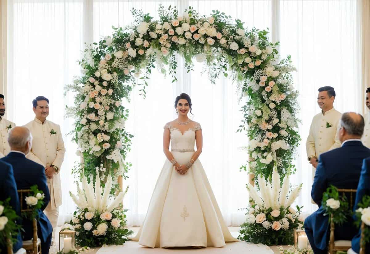 A bride in off-white attire stands beneath a floral arch at a wedding ceremony, surrounded by traditional decorations and symbols of love and unity