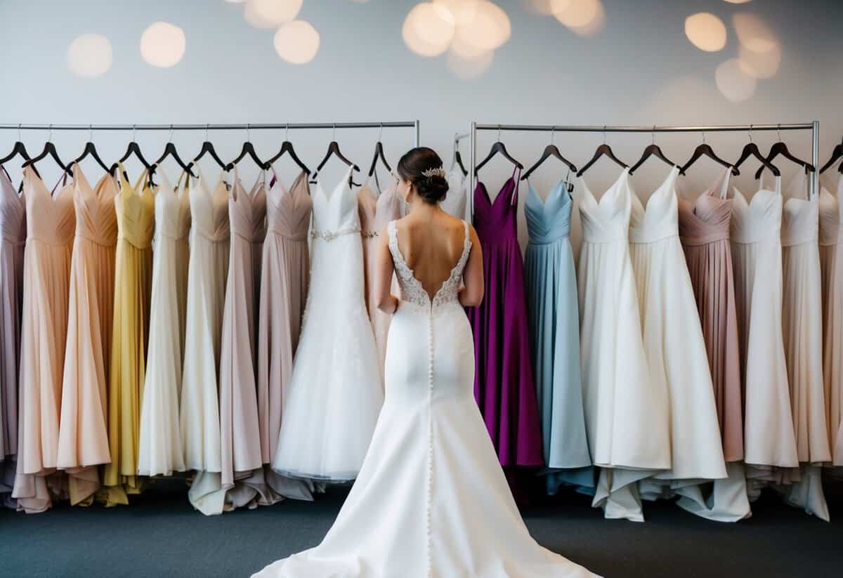 A bride stands in front of a row of wedding gowns in various shades of white, carefully comparing the colors to find the perfect one for her special day