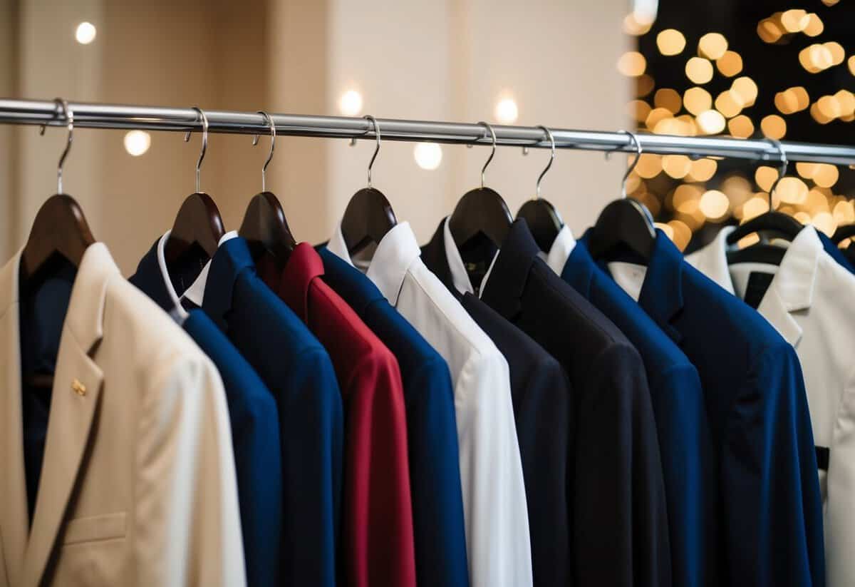 A clothing rack with various formal attire options for the night before a wedding