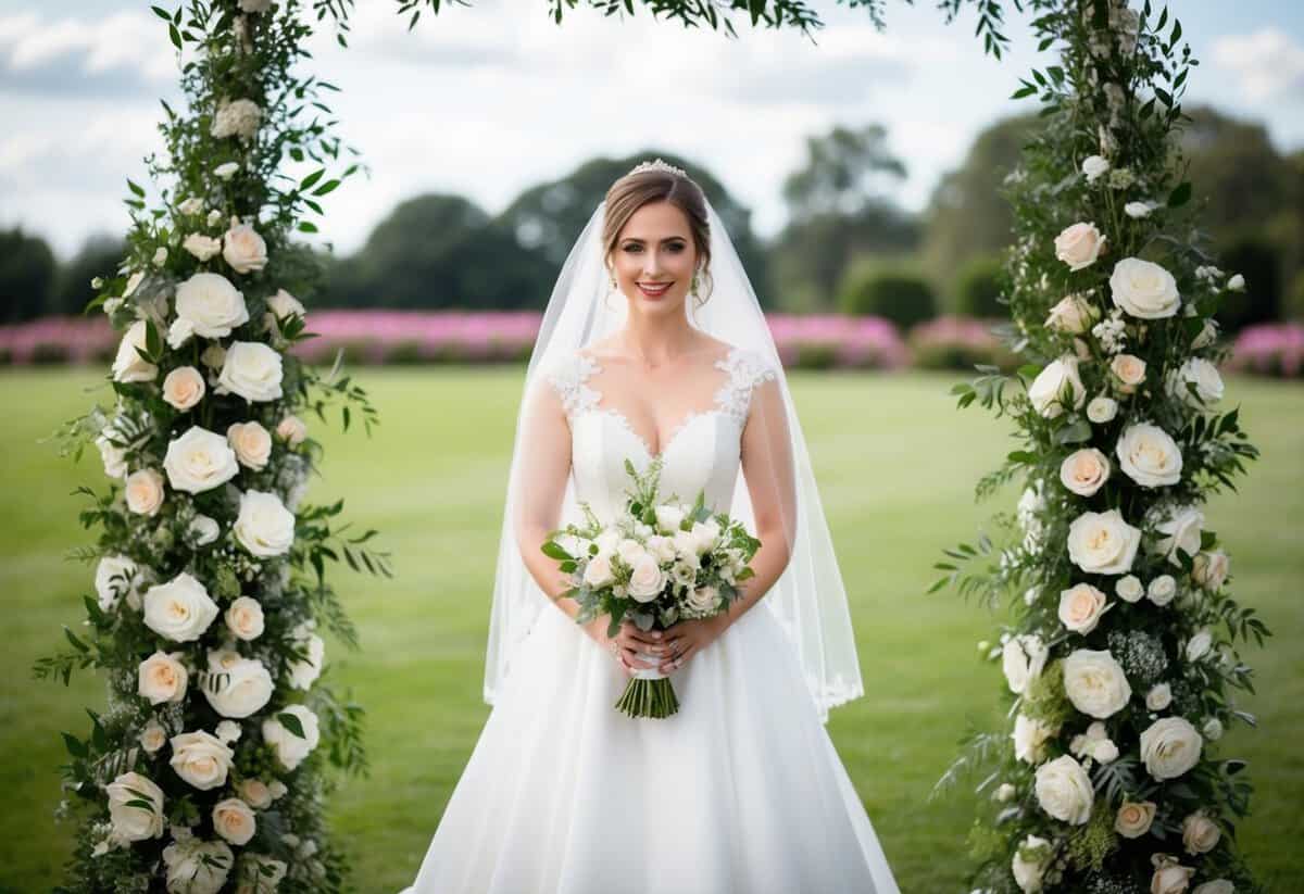 A bride stands in a white wedding dress, surrounded by floral arrangements and a bridal veil