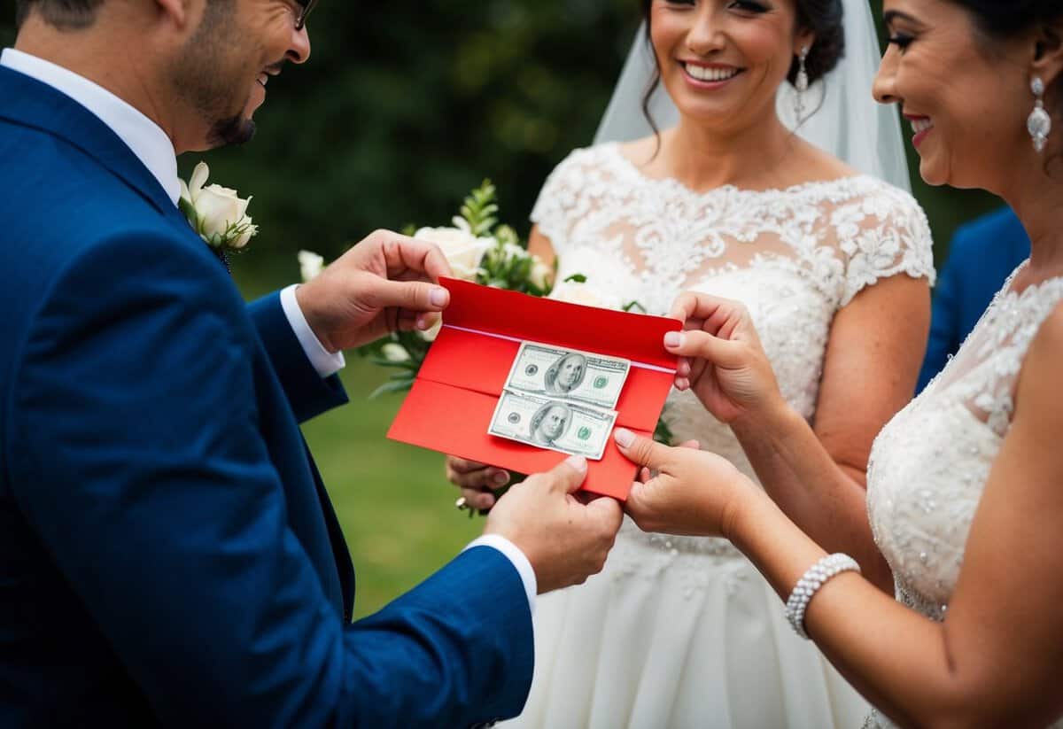 The groom's parents give a red envelope containing a generous amount of money to the newlyweds