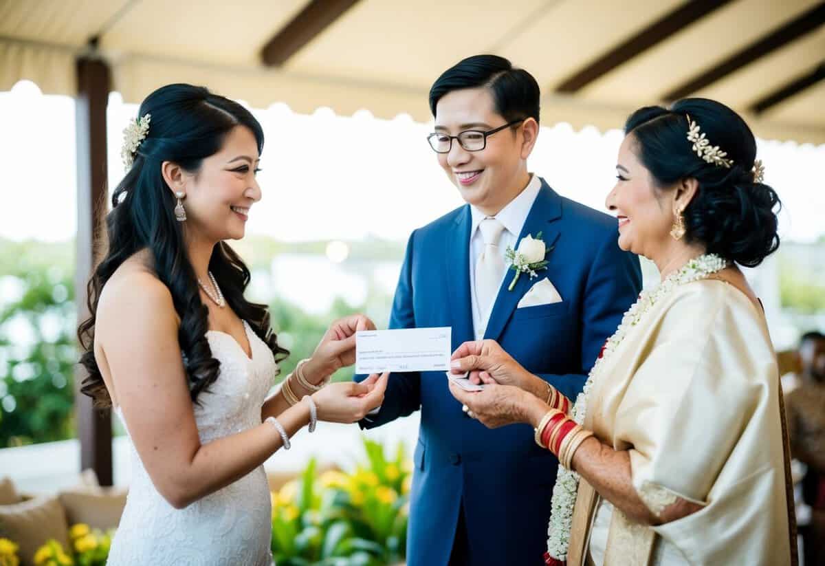 A man and woman exchange a check and envelope, symbolizing the groom's parents giving money for a traditional financial role