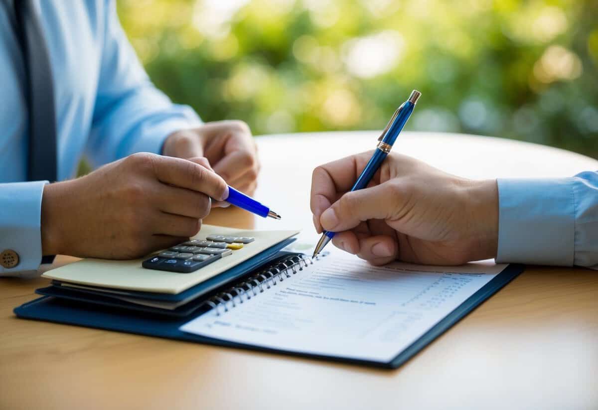 A pair of hands holding a checkbook and pen, with a wedding invitation and a list of expenses on a table