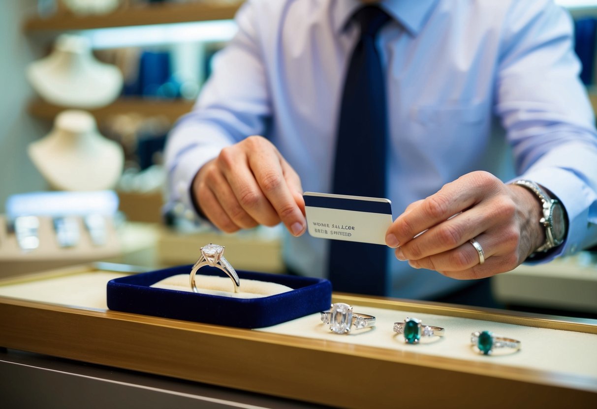 A man places a credit card on the jewelry store counter while a salesperson displays a selection of wedding rings on a velvet tray