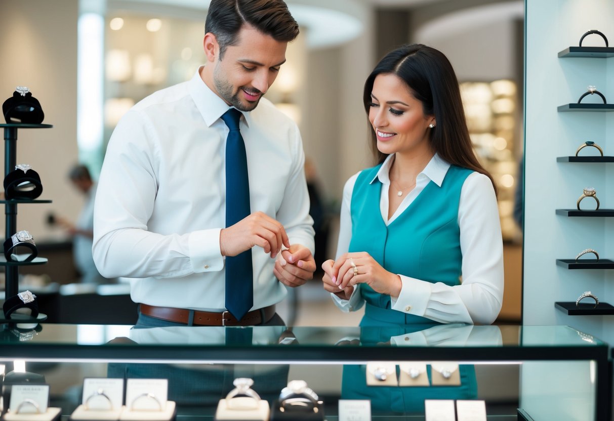A man and woman discussing wedding rings, with a focus on a display of various ring styles and prices in a jewelry store