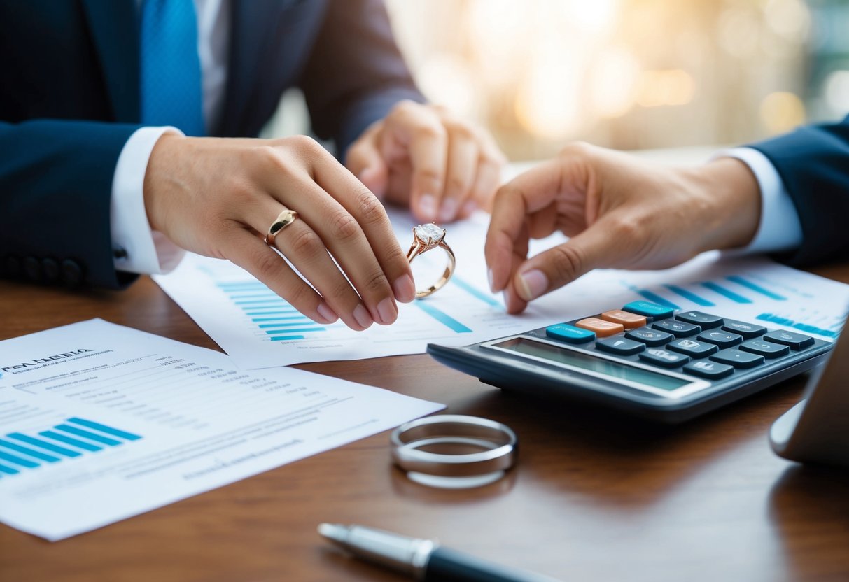 Two people placing wedding rings on a table, surrounded by financial documents and a calculator